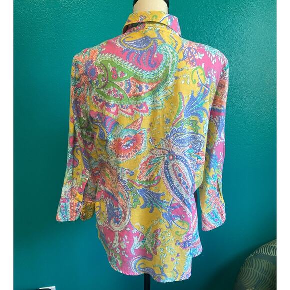 Chaps Classics Linen Blend Bright Paisley Button Up Blouse Women's Large - Picture 4 of 8